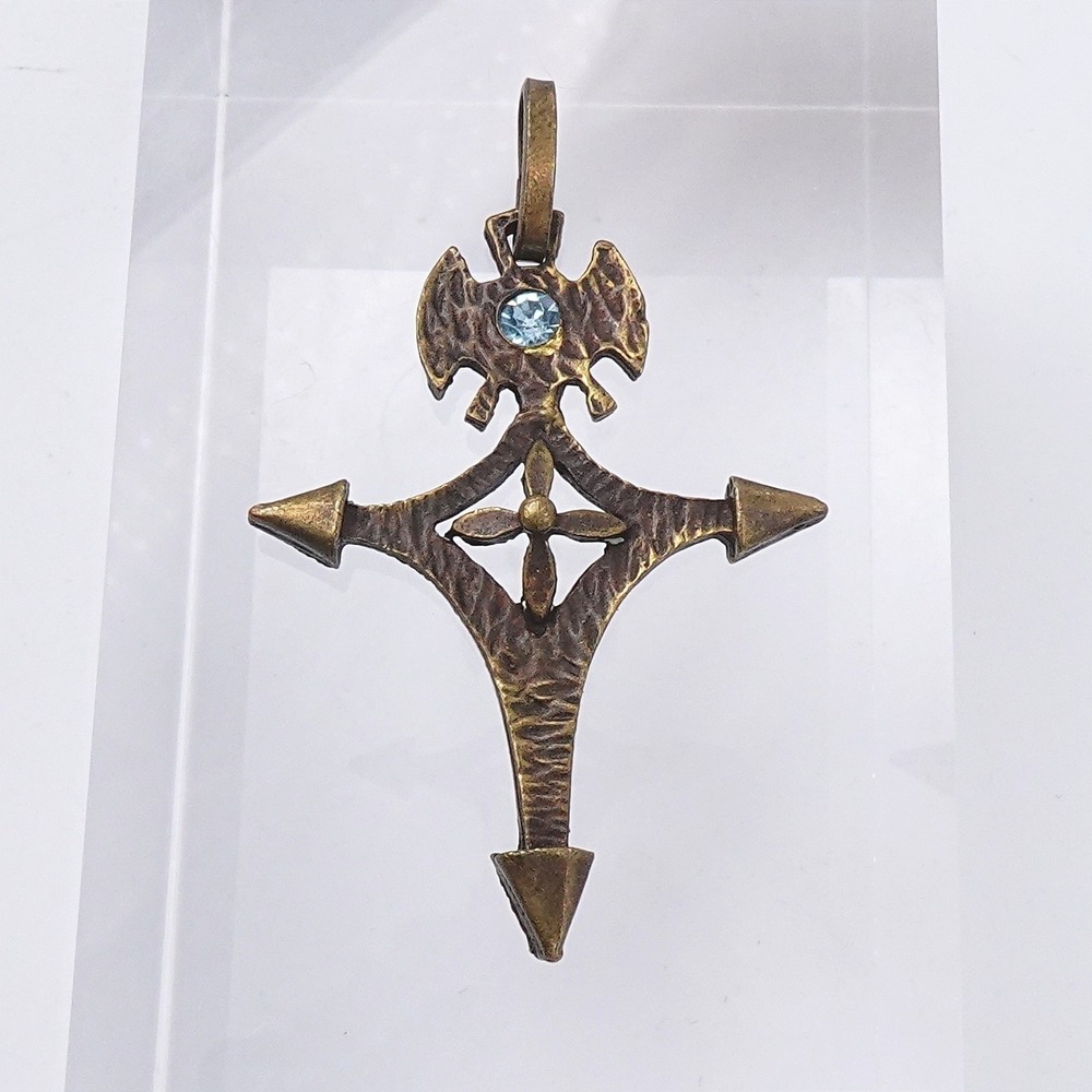 VTG Moroccan Tuareg Cross Pendant Blue Rhinestone Bronze Tone Amulet Tribal